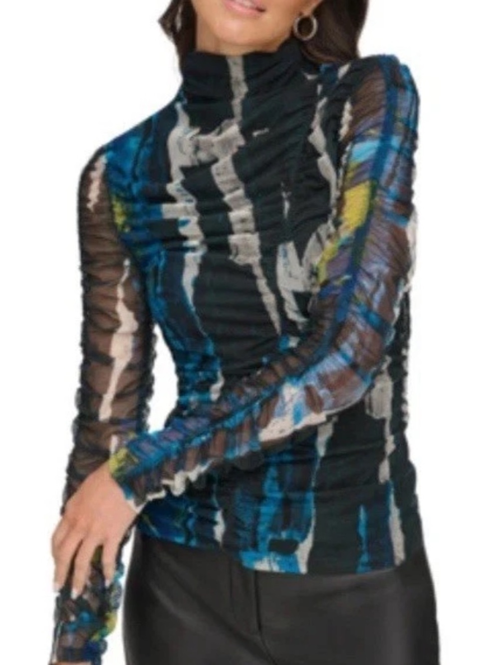 DKNY Designer Sheer Abstract Mock Neck Blouse Size Small EUC!